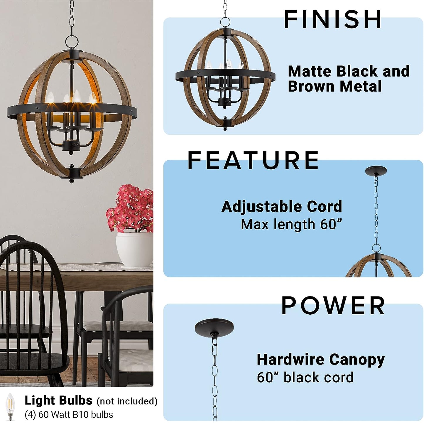 Catalina 18"W 4-Light Country Rustic Geometric Open-Cage Orb Pendant Chandelier, Faux Wood Finish with Black Accents