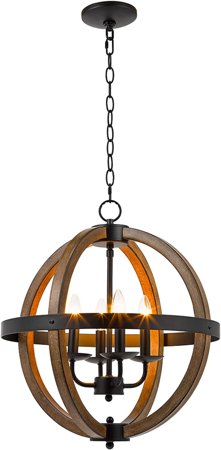 Catalina 18"W 4-Light Country Rustic Geometric Open-Cage Orb Pendant Chandelier, Faux Wood Finish with Black Accents