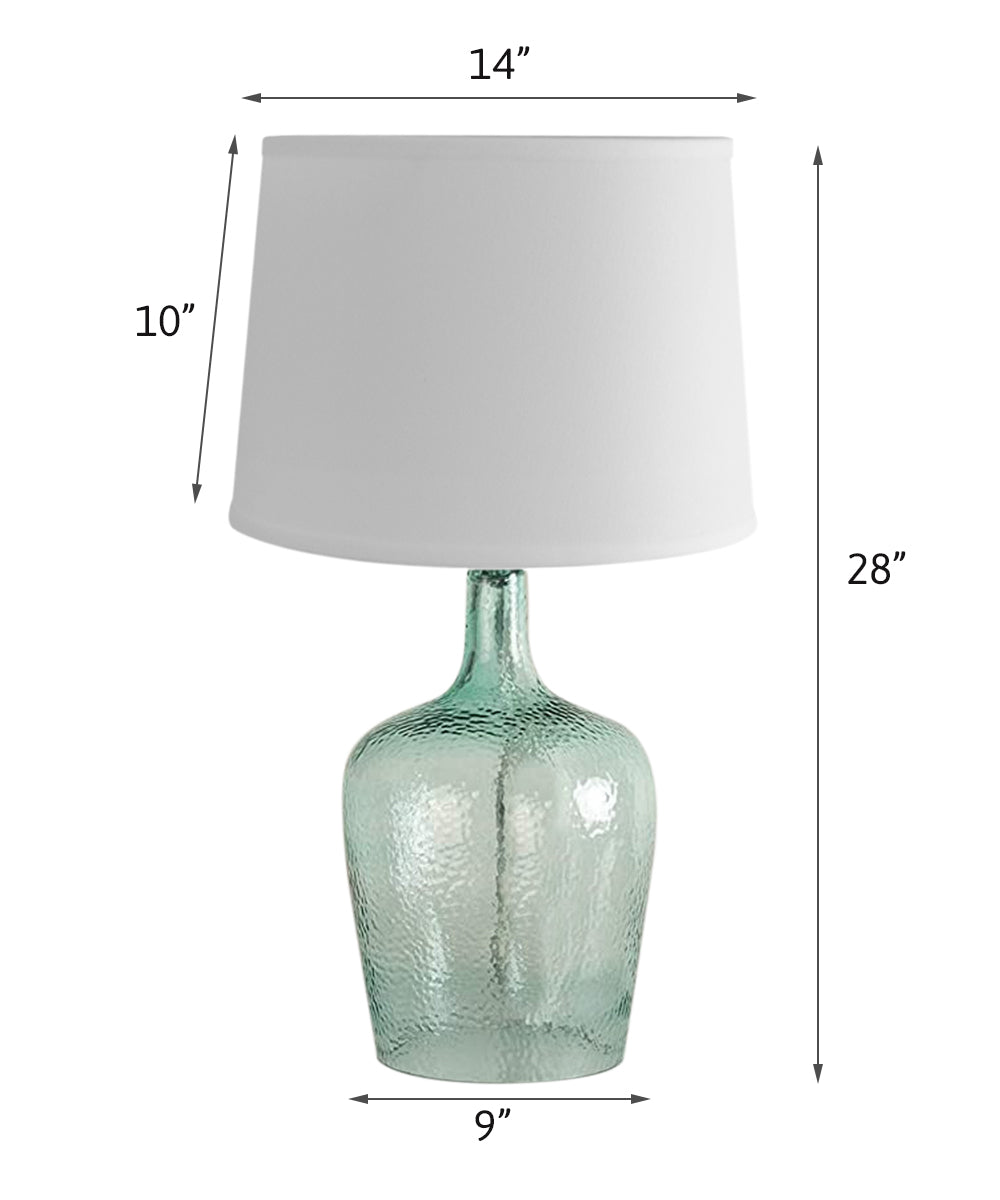 19"h Artisanal Hand-Blown Aqua Green Sea Glass Coastal Style Table Lamp, White Linen Drum Shade