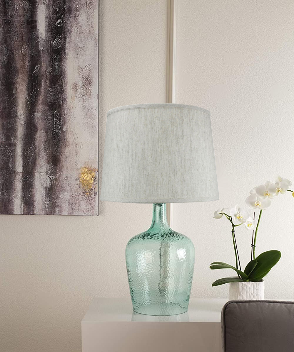 19"h Artisanal Hand-Blown Aqua Green Sea Glass Coastal Style Table Lamp with Textured Oatmeal Drum Shade