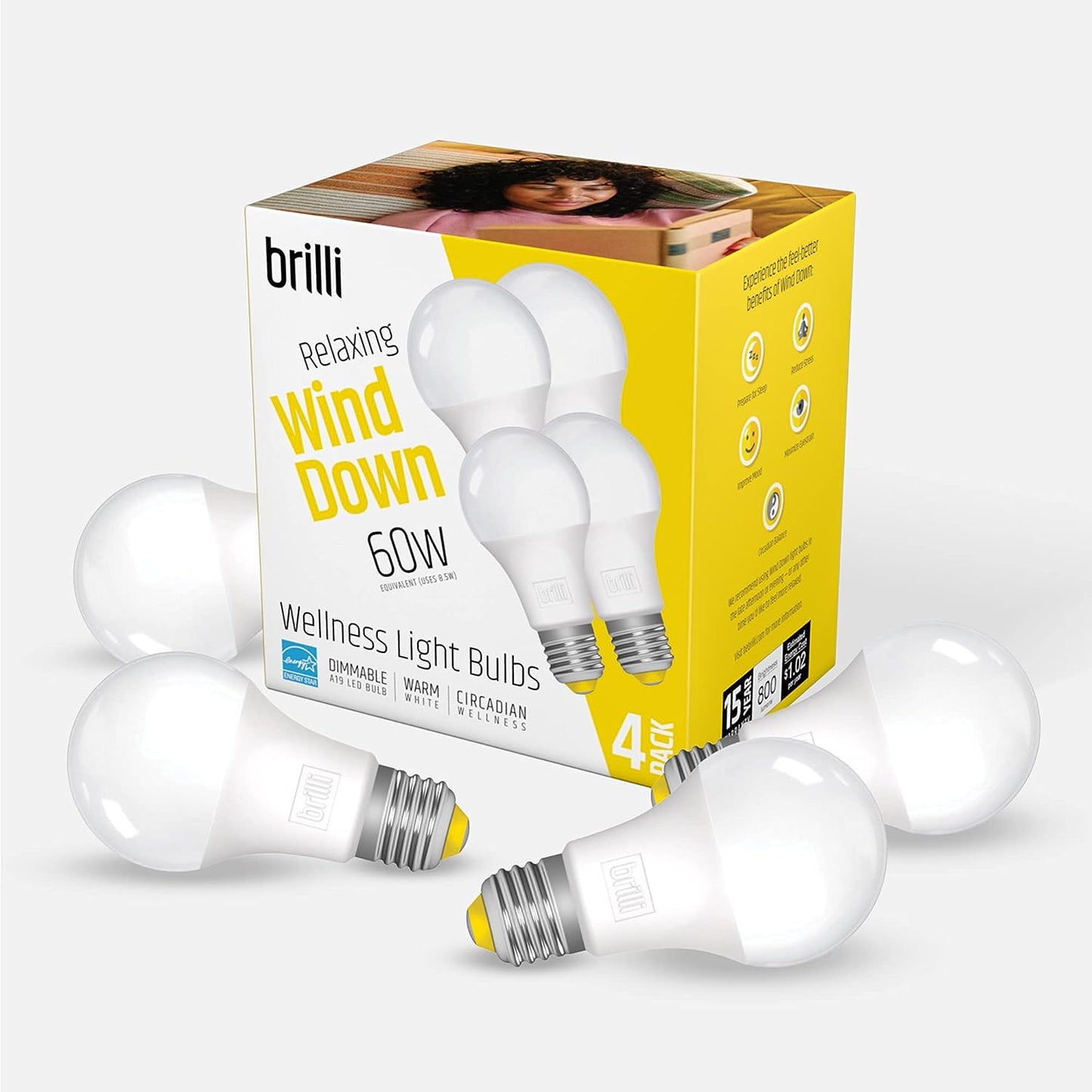 Wind Down A19 60 Watt Dimmable 2700K LED Light Bulb by Brilli (4 Pack)