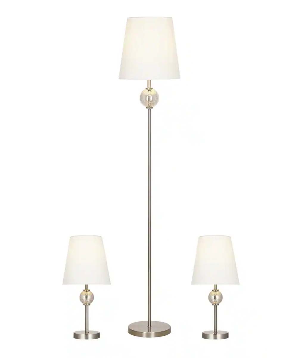 Catalina Modern Classic 3-Piece Floor and Table Lamp Combo Set, Brushed Nickel Metal Finish w/ Glass Font