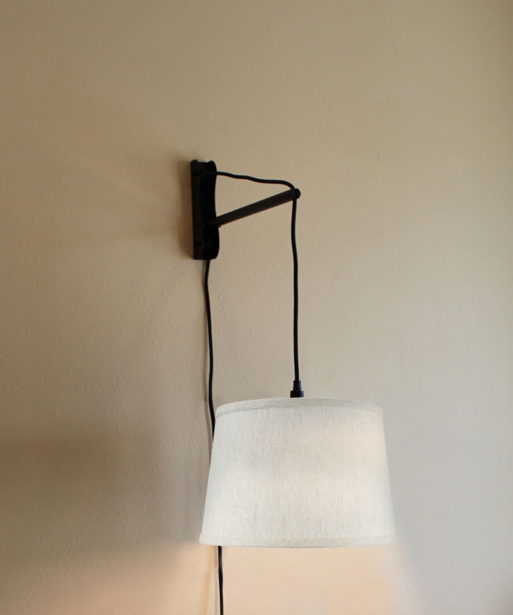 MAST Plug-In Wall Mount Pendant, 1 Light Black Cord/Arm, Shallow Drum Textured Oatmeal Shade 10x12x8