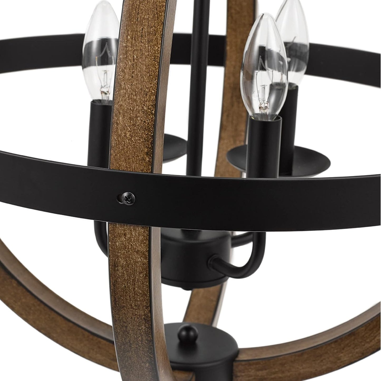 Catalina 18"W 4-Light Country Rustic Geometric Open-Cage Orb Pendant Chandelier, Faux Wood Finish with Black Accents