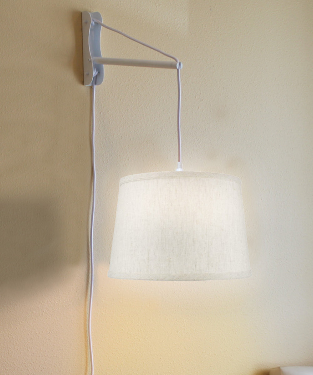 MAST Plug-In Wall Mount Pendant, 1 Light White Cord/Arm, Shallow Drum Textured Oatmeal 14x16x10