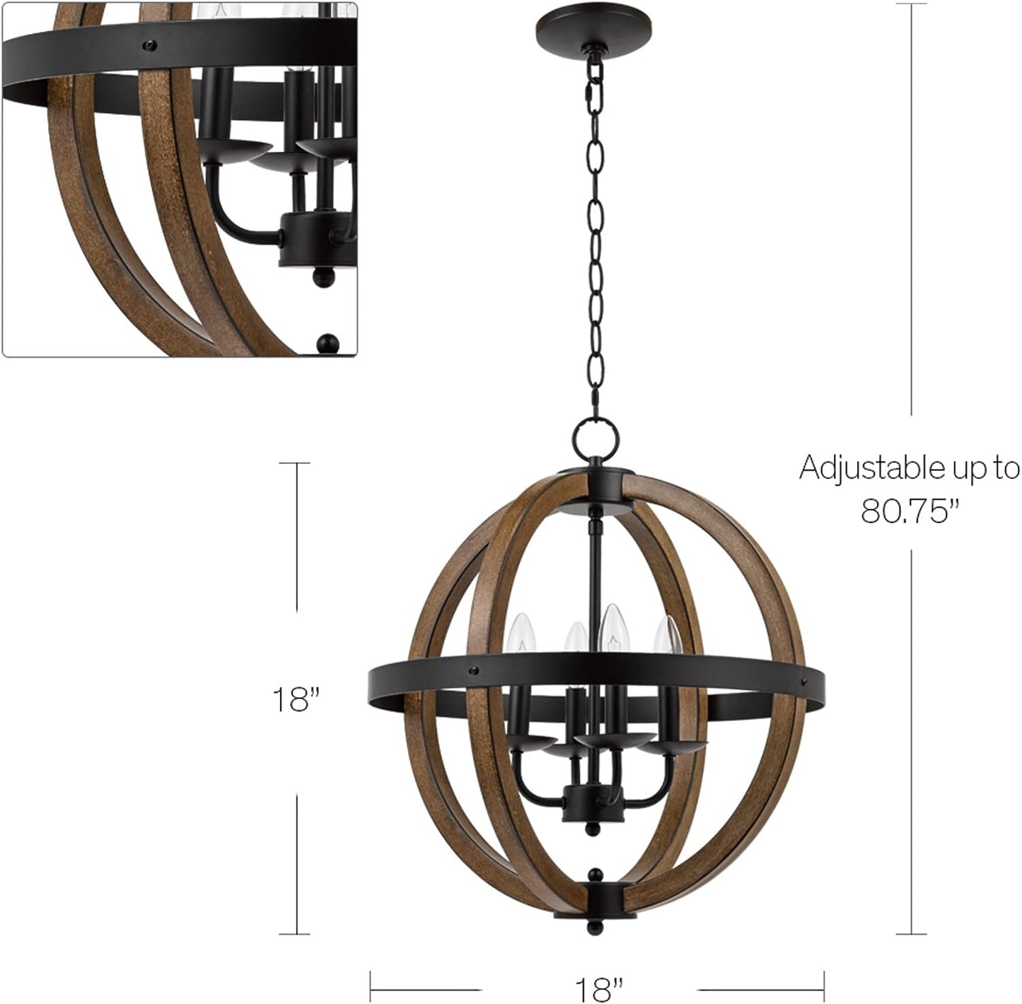 Catalina 18"W 4-Light Country Rustic Geometric Open-Cage Orb Pendant Chandelier, Faux Wood Finish with Black Accents