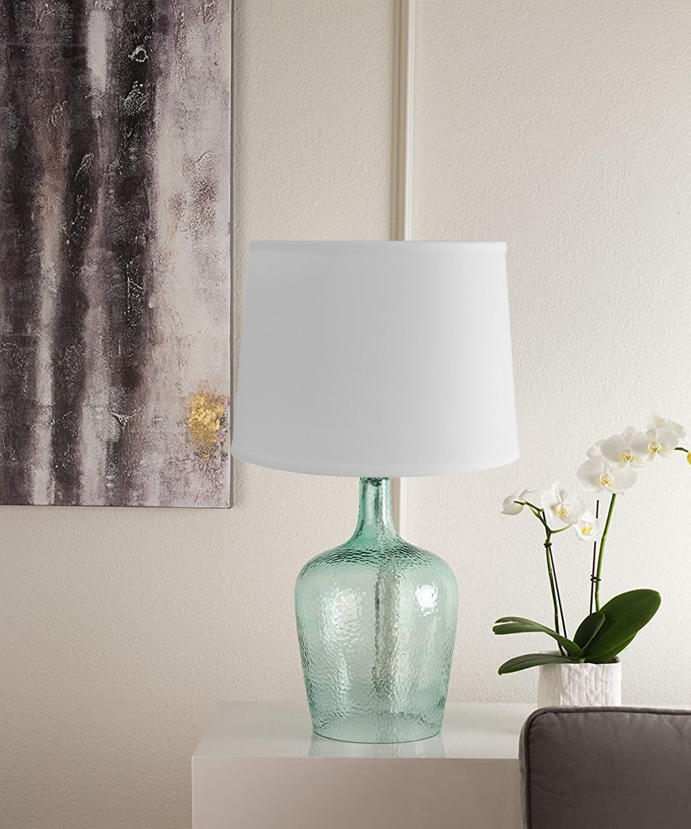 19"h Artisanal Hand-Blown Aqua Green Sea Glass Coastal Style Table Lamp, White Linen Drum Shade