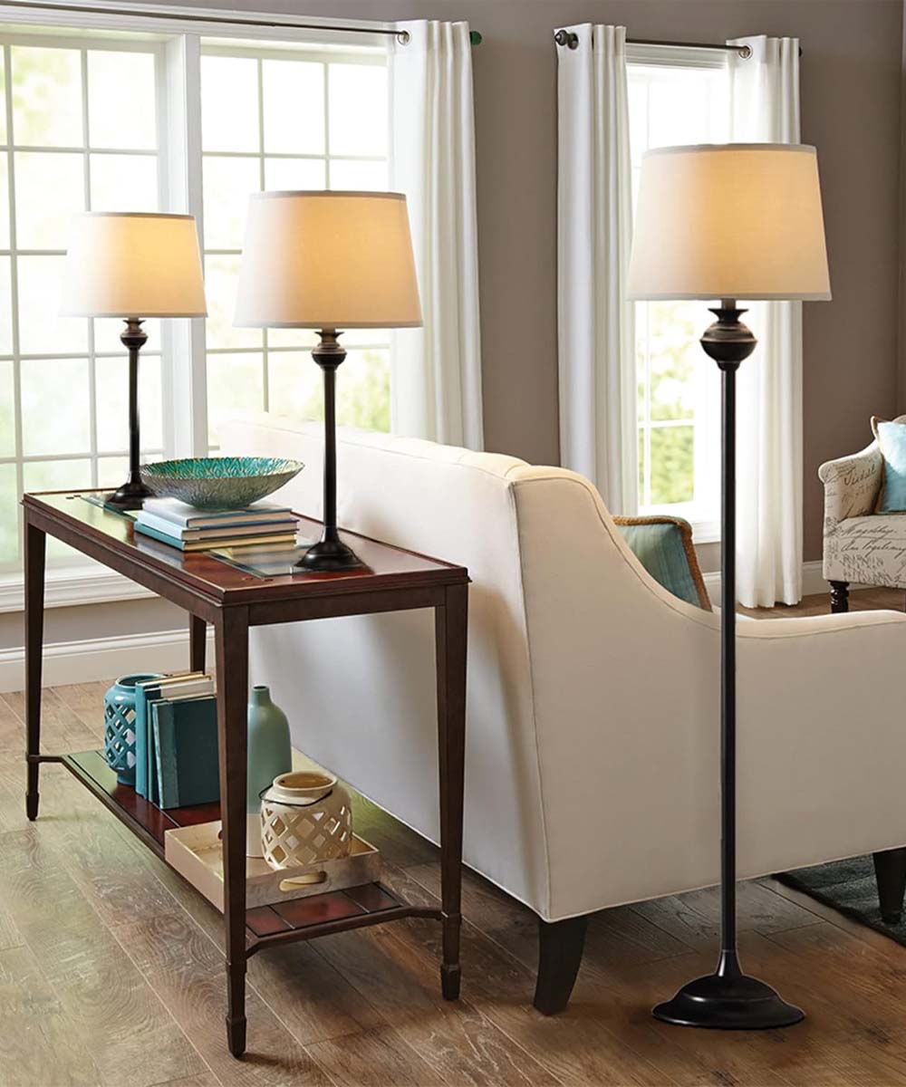 Catalina Copper Grove Larkspur 3-Piece Floor and Table Lamp Set, Modern Classic Elegant Black Metal Finish