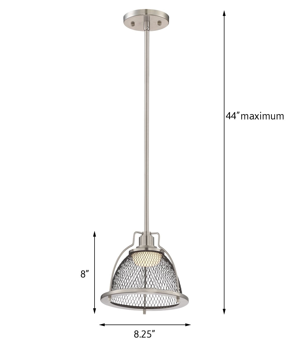 Nuvo 8"W Tex 1-Light LED Pendant Brushed Nickel / Black Industrial Mesh Shade