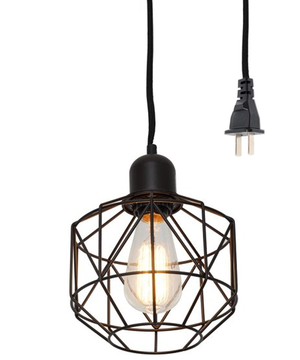 7"W 1-Light Metal Geometric Cage Plug-In Swag Pendant Light Bronze Finish