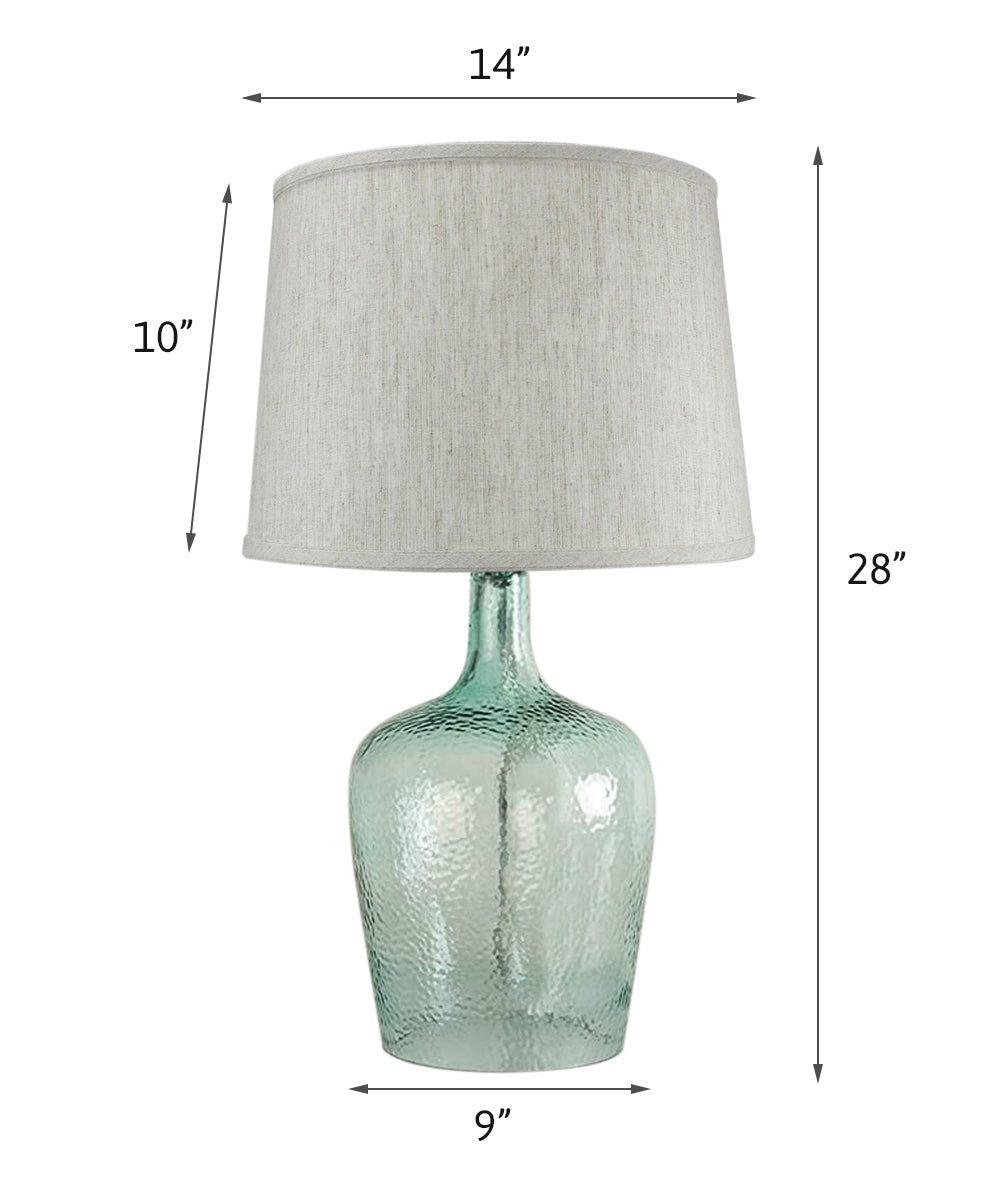 19"h Artisanal Hand-Blown Aqua Green Sea Glass Coastal Style Table Lamp with Textured Oatmeal Drum Shade