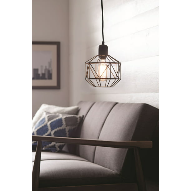 7"W 1-Light Metal Geometric Cage Plug-In Swag Pendant Light Bronze Finish