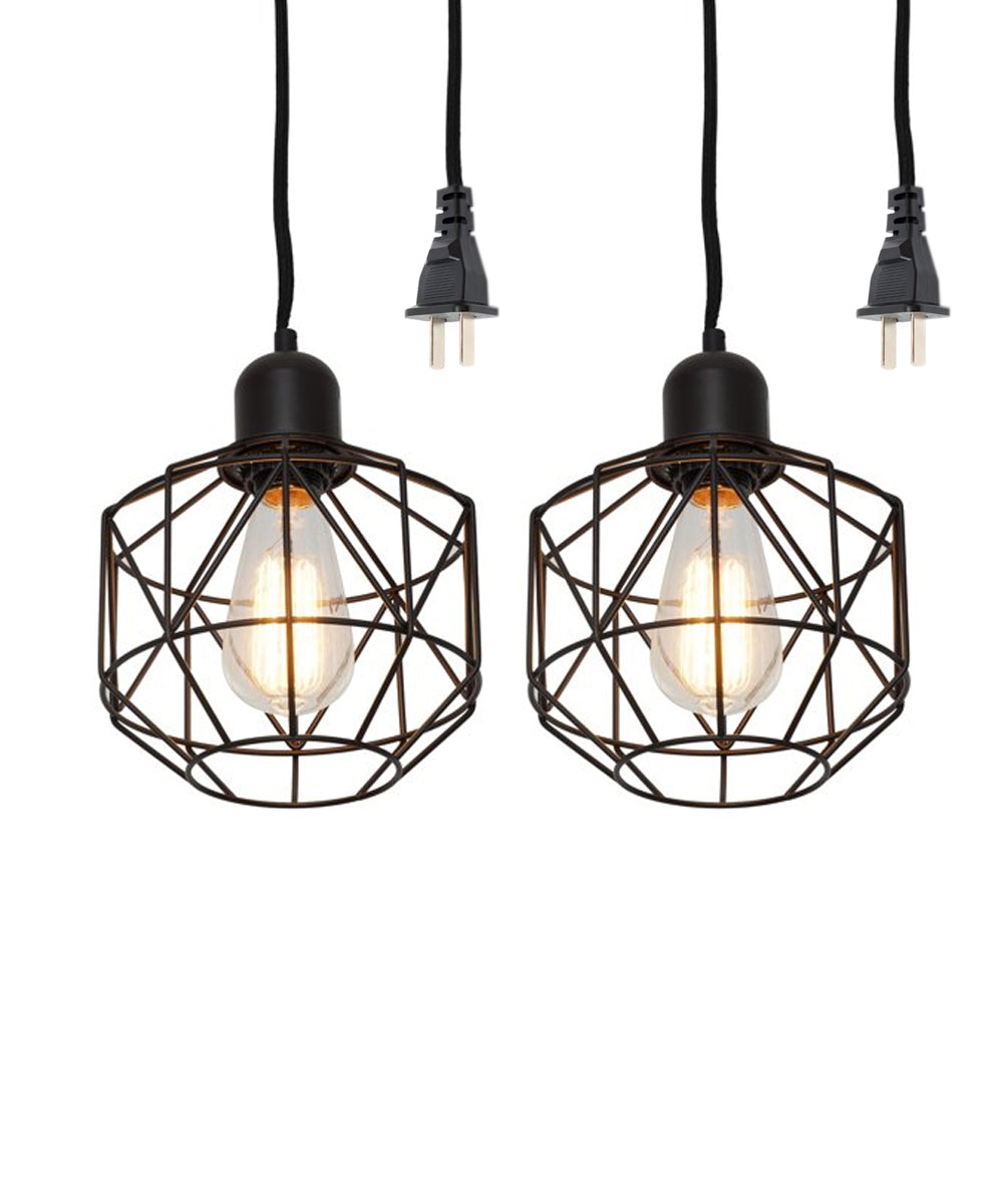 7"W 1-Light LED Metal Cage Plug-In Swag Pendant Lights (Set of 2) Bronze Finish