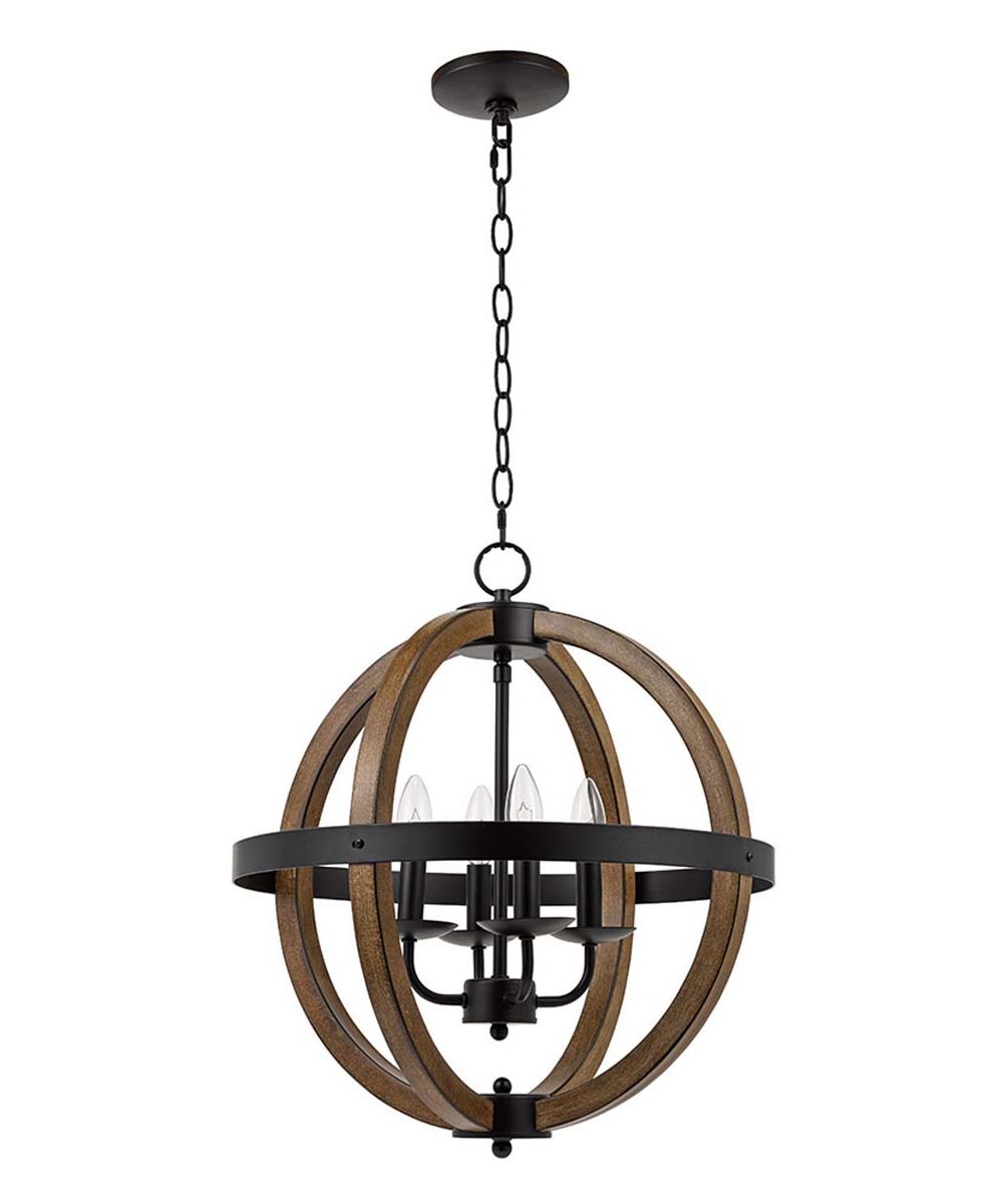 Catalina 18"W 4-Light Country Rustic Geometric Open-Cage Orb Pendant Chandelier, Faux Wood Finish with Black Accents