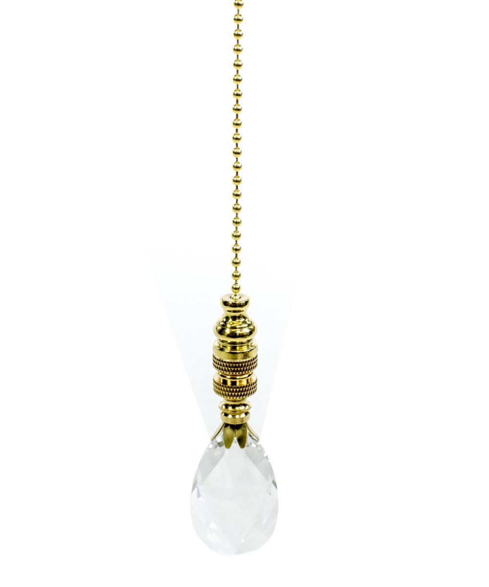 Large Crystal Tear Drop Ceiling Fan Pull, 2.75"h with 12" Polished Brass Chain