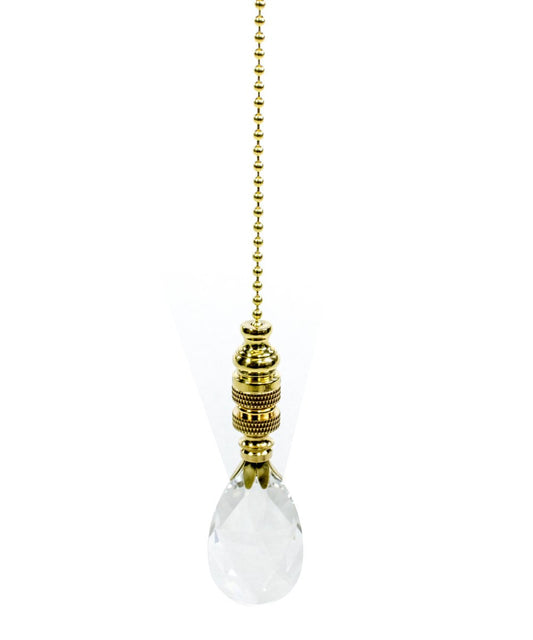 Large Crystal Tear Drop Ceiling Fan Pull, 2.75"h with 12" Polished Brass Chain
