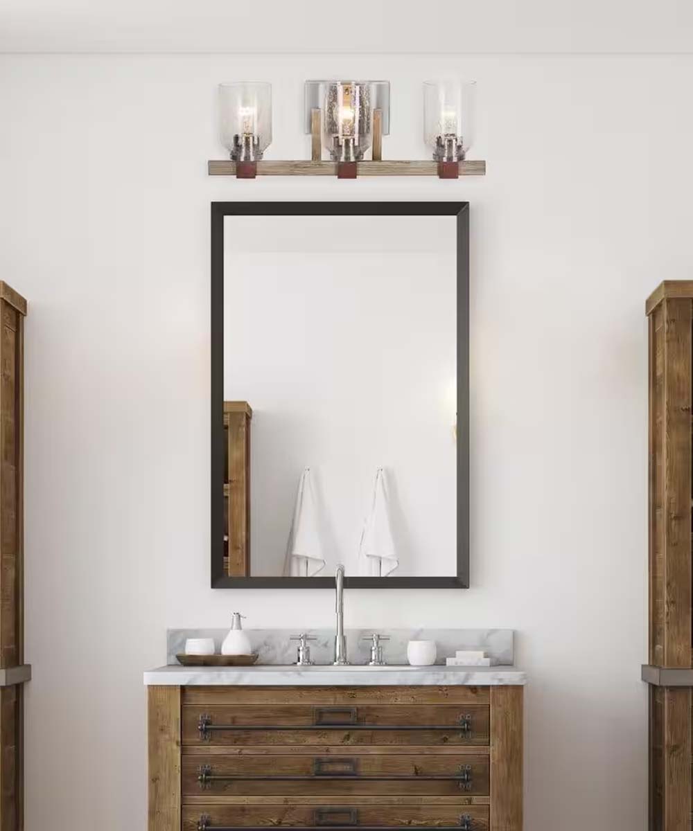 Cresswell 27"W Breckenridge 3-Light Bath Vanity Light Fixture; Brushed Nickel & Walnut Wood Accents & Clear Seeded Glass Shades