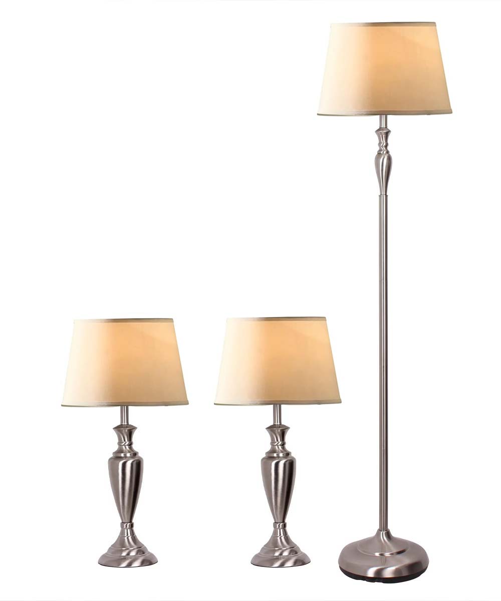 Catalina Copper Grove Kiowa 3-Piece Floor and Table Lamp Set, Modern Classic Brushed Nickel Metal Finish