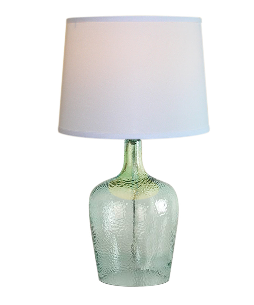 19"h Artisanal Hand-Blown Aqua Green Sea Glass Coastal Style Table Lamp, White Linen Drum Shade