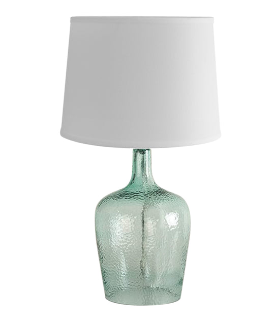 19"h Artisanal Hand-Blown Aqua Green Sea Glass Coastal Style Table Lamp, White Linen Drum Shade