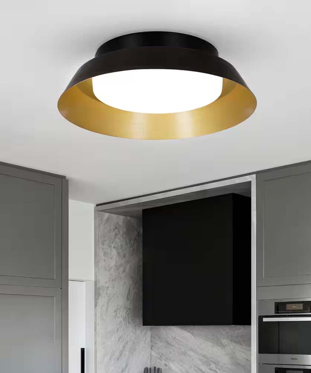 Cresswell 13"W 1-Light Matte Black LED Modern Flush Mount Light Fixture with Brushed Gold Interior Metal Shade