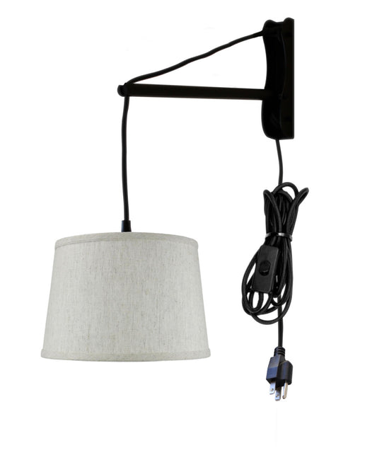 MAST Plug-In Wall Mount Pendant, 1 Light Black Cord/Arm, Shallow Drum Textured Oatmeal Shade 10x12x8