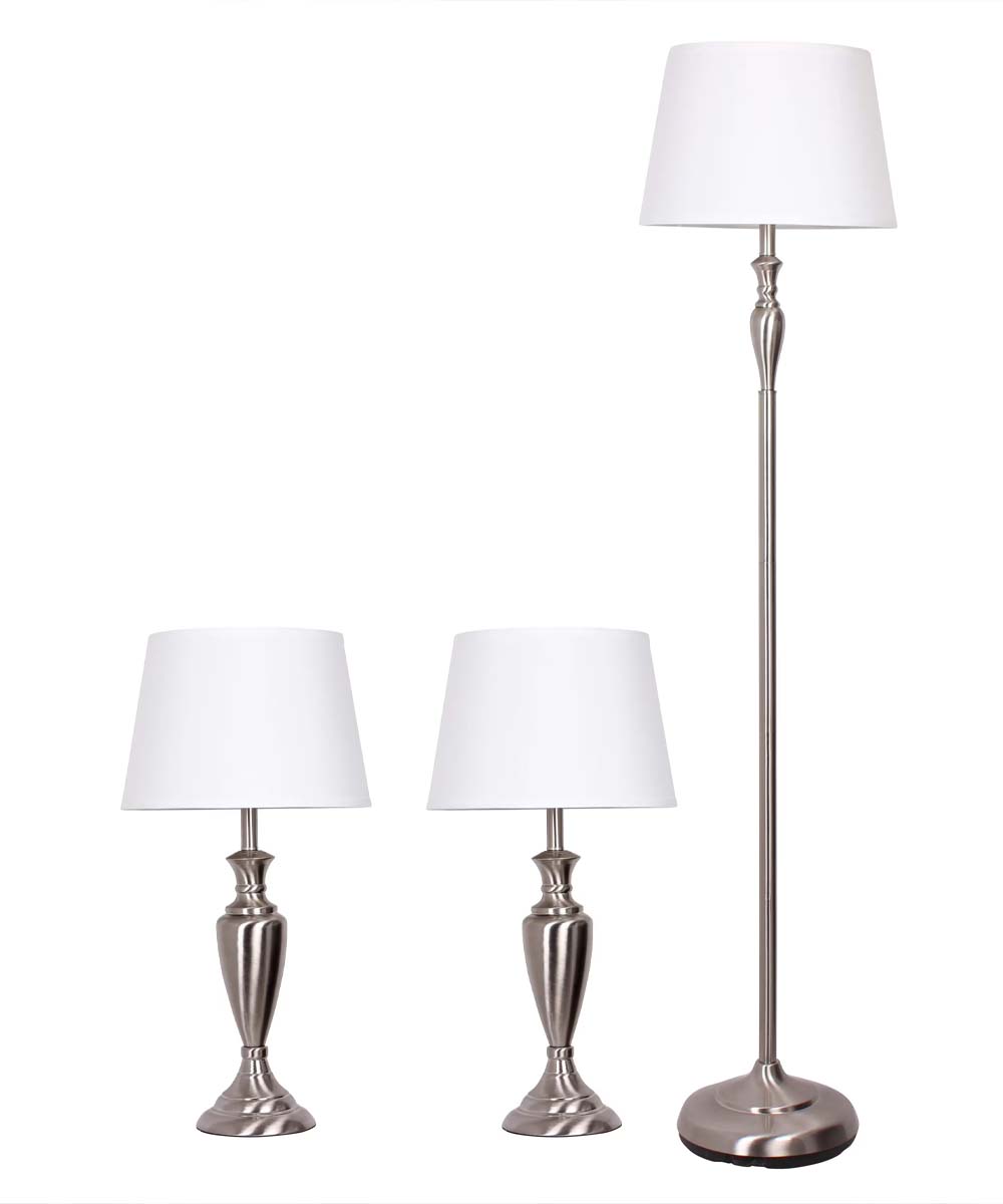 Catalina Copper Grove Kiowa 3-Piece Floor and Table Lamp Set, Modern Classic Brushed Nickel Metal Finish